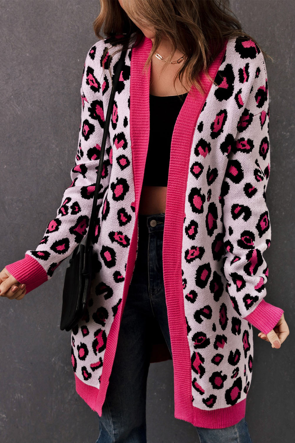 Street Wave Leopard Print Knit Cardigan Open Front For Women With Ribbed Pink Trim