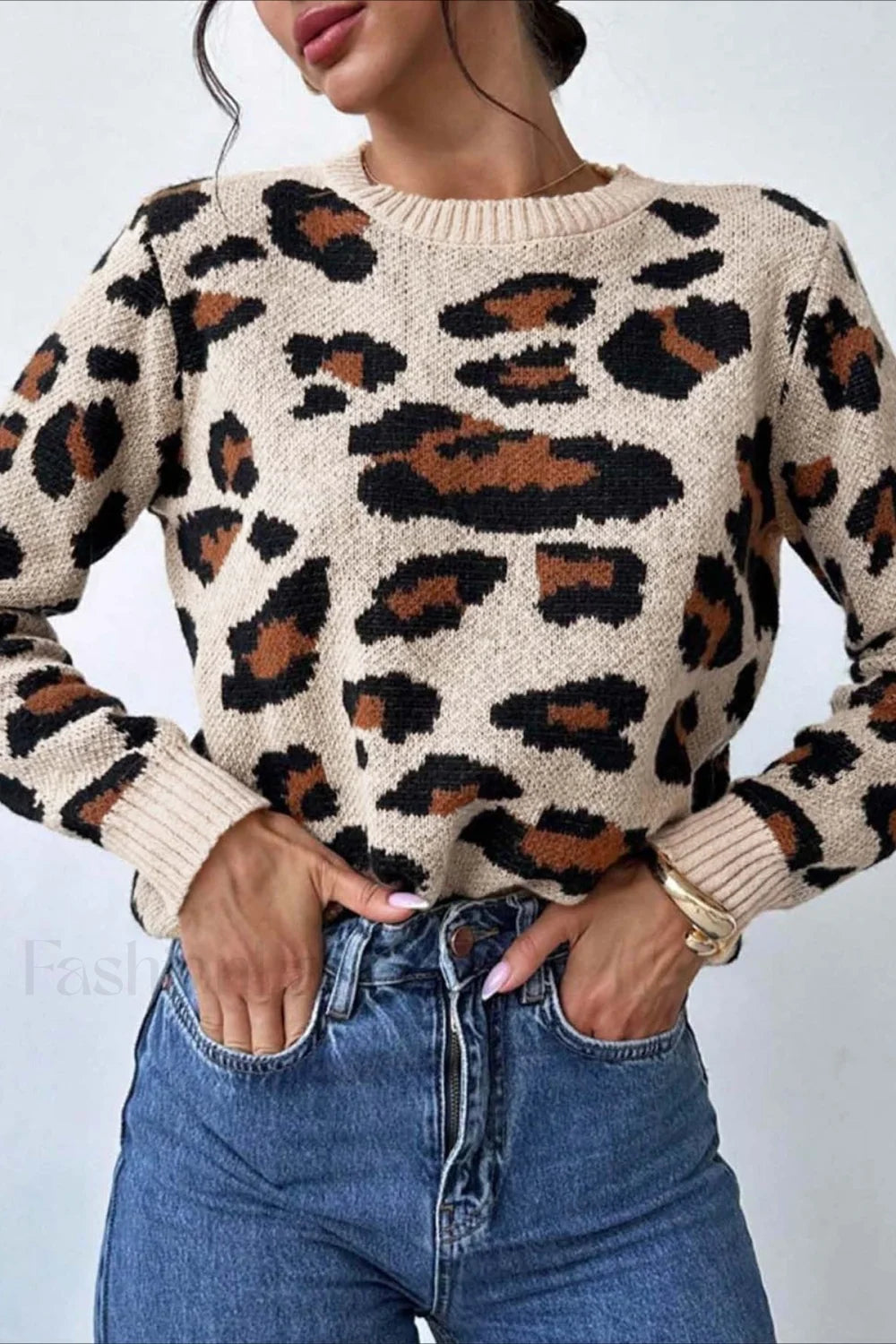 Street-Wave Leopard Print Pullover For Women Regular Fit Soft Knit Cozy Trendy Everyday Wear