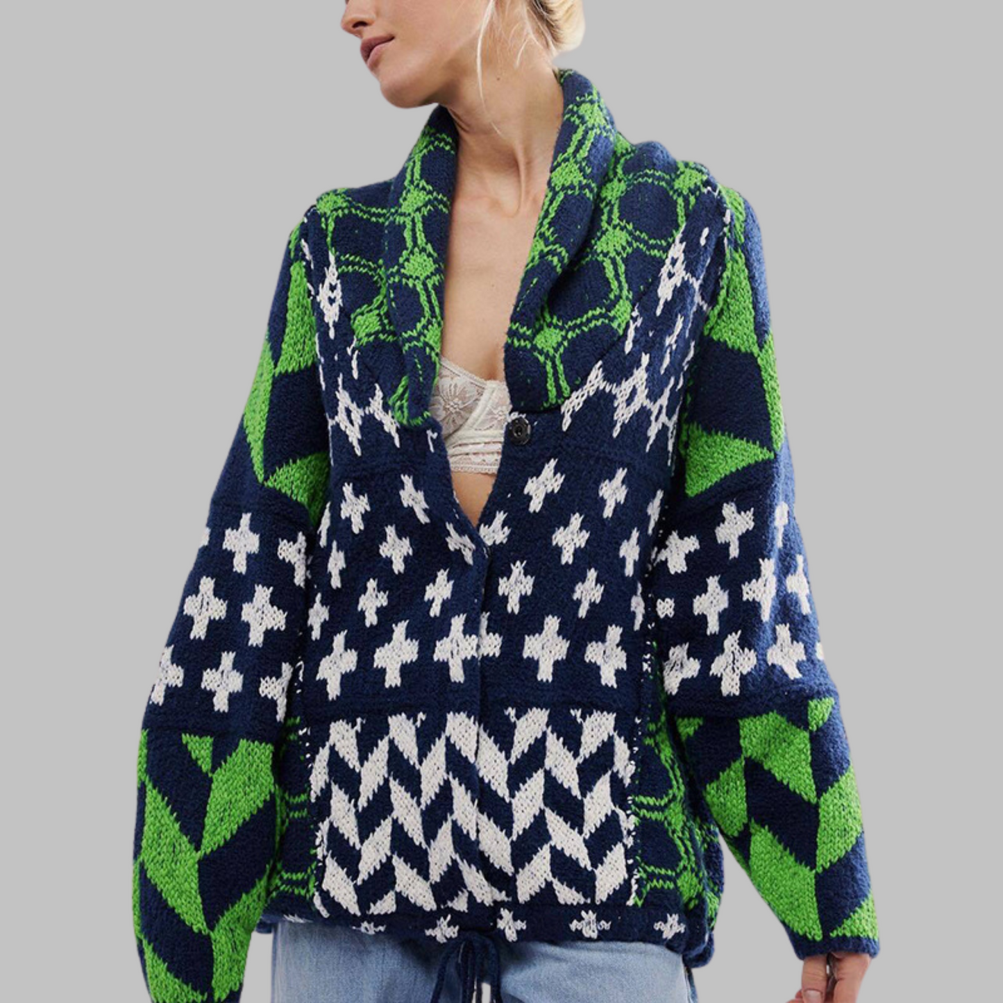 Street-wave Cozy Geometric Knit Jacket Relaxed Fit Women
