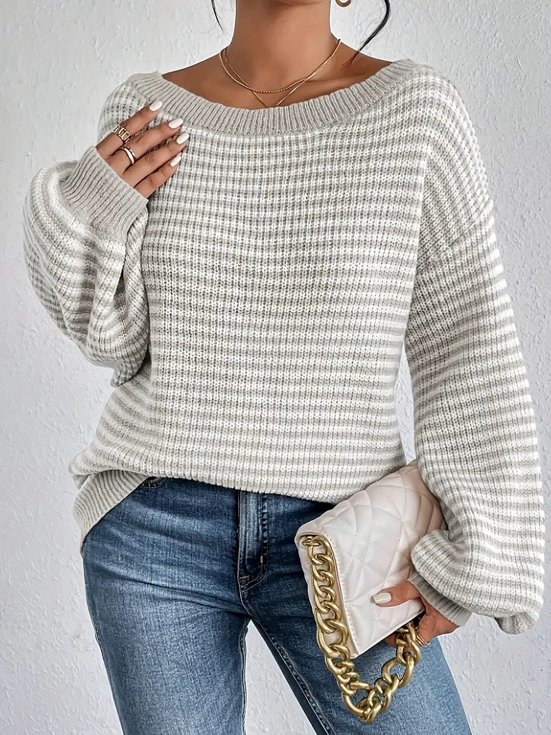 Striped Boatneck Sweater With Relaxed Fit And Lantern Sleeves For Women By Street-Wave For Effortless Everyday Style