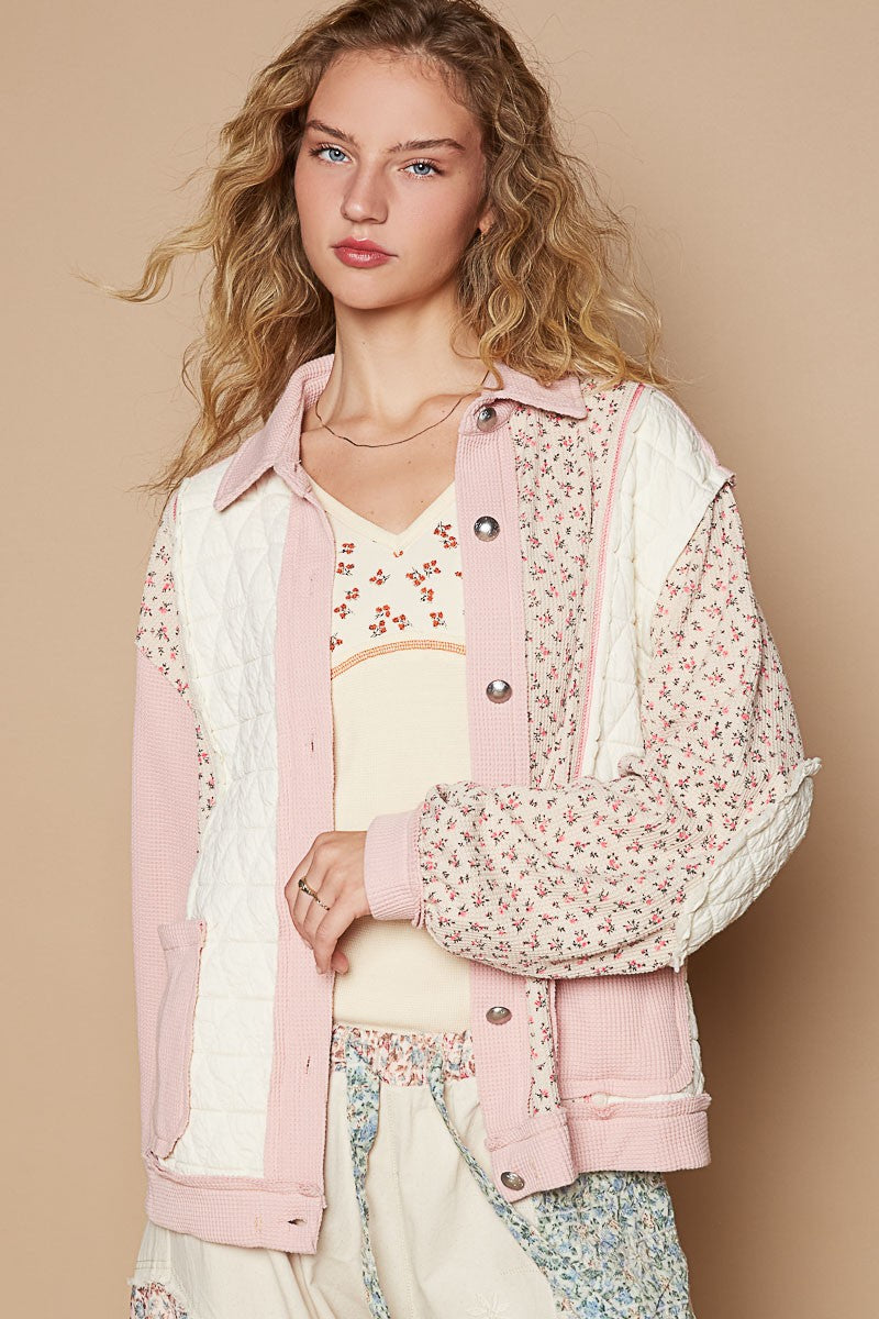Street-Wave Quilted Floral Jacket For Women With Visible Stitching And Button Closure