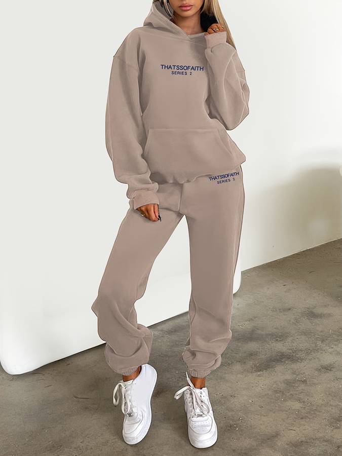 Street-wave Cozy Loungewear Set With Minimal Print For Women, Oversized Hoodie And Joggers