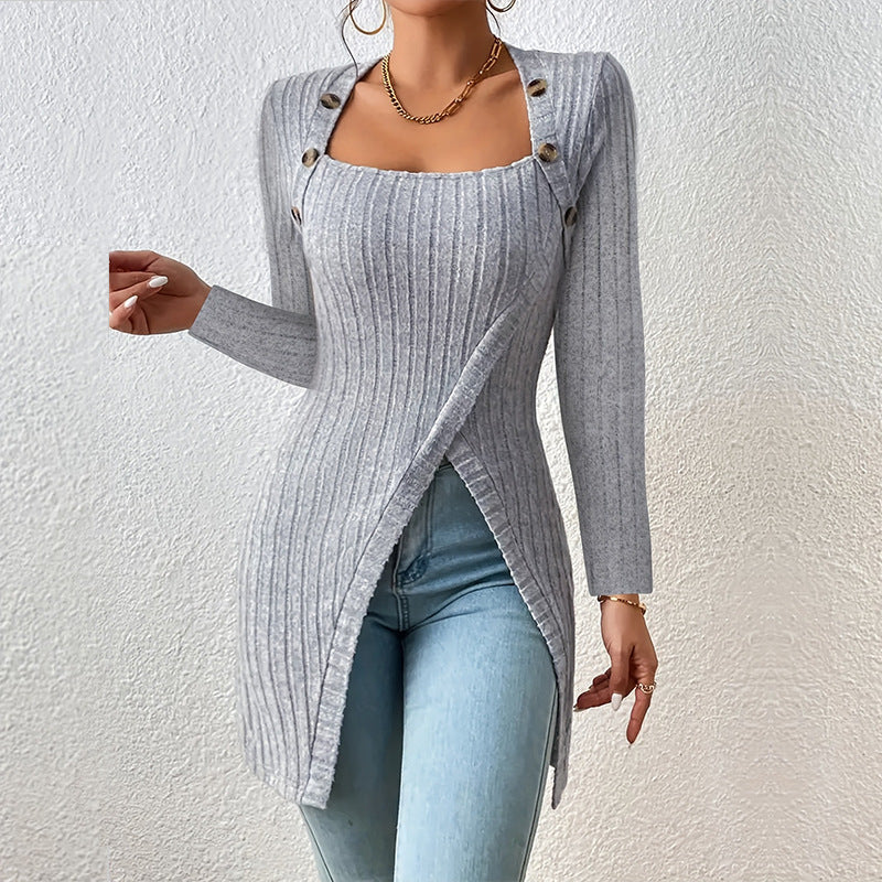 Street-wave Ribbed Knit Sweater For Women With Button Shoulder Details Cozy Modern Look