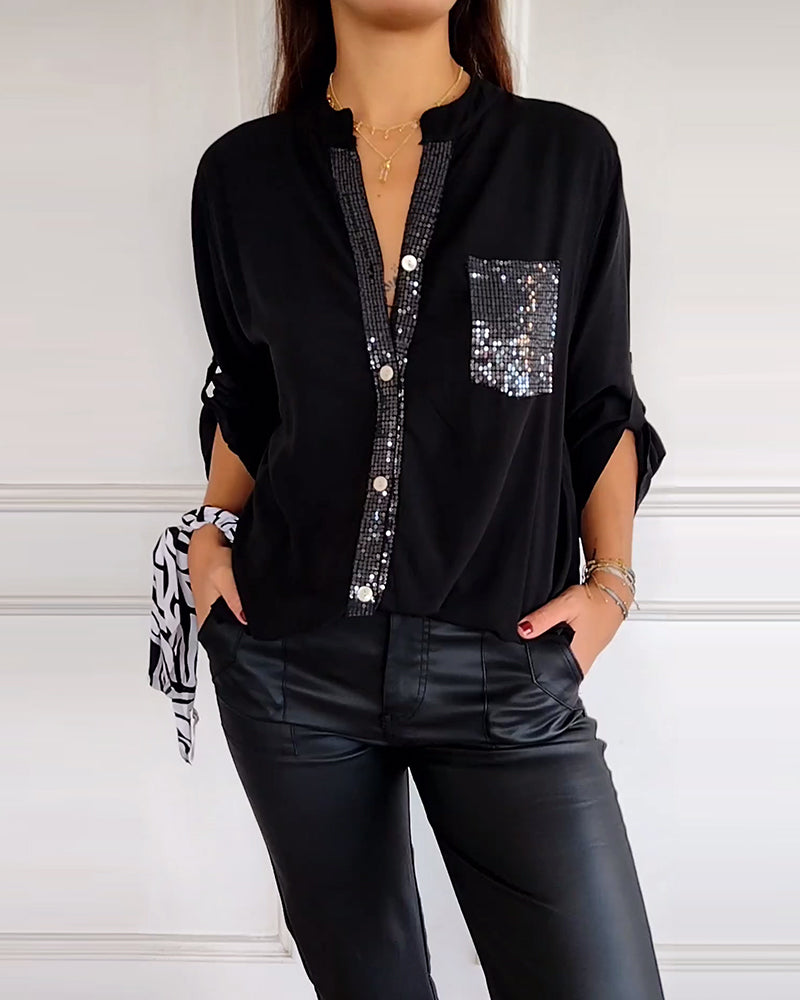 Street-wave Sequin Blouse For Women, Elegant Glitter Trim Placket And Pocket, Versatile Glam Top