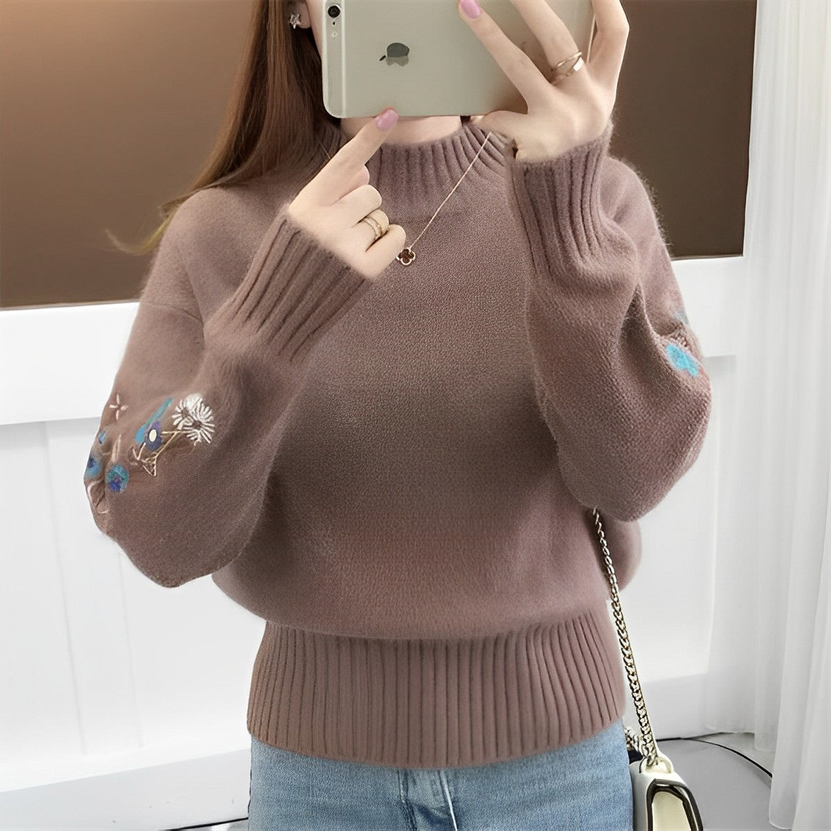 Maureen Knit Pullover With Embroidered Sleeves For Women Oversized Rollneck Warm Soft Knit Streetwave