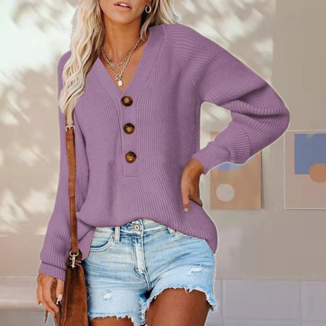 Streetwave Women's Knit Sweater With V Neck Button Detail Cozy Cotton Poly Blend