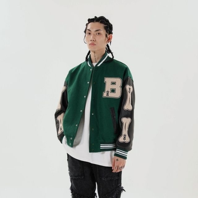 Avelena Embroidered Patch Varsity Bomber Jacket For Women, Urban Streetwear With Bold Patch Details Black Design