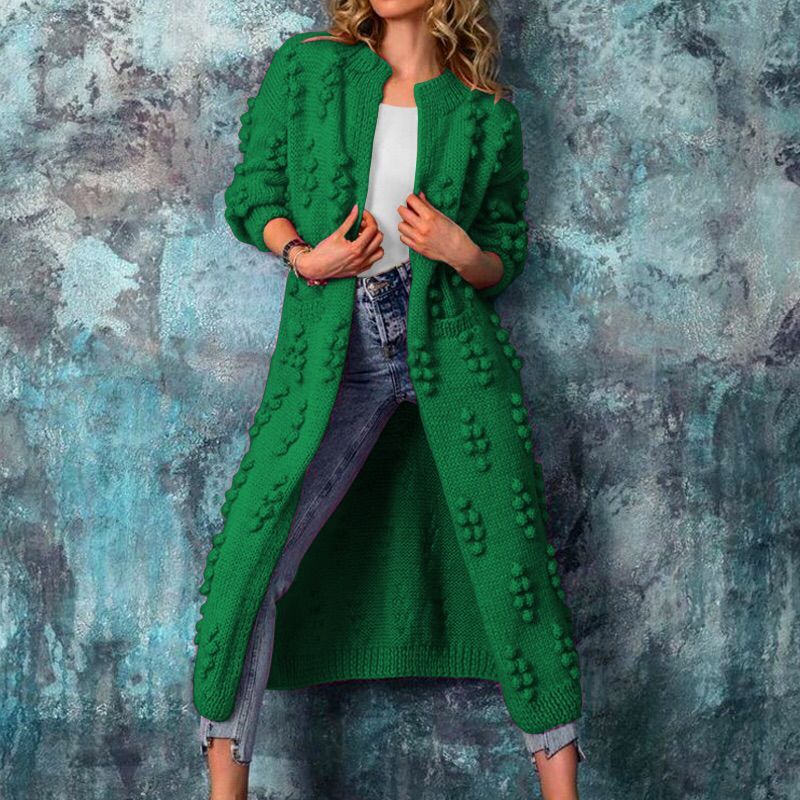 Street-wave Women's Long Knit Coat With Textured Bobble Detailing Cozy Chic Autumn Outerwear For Women