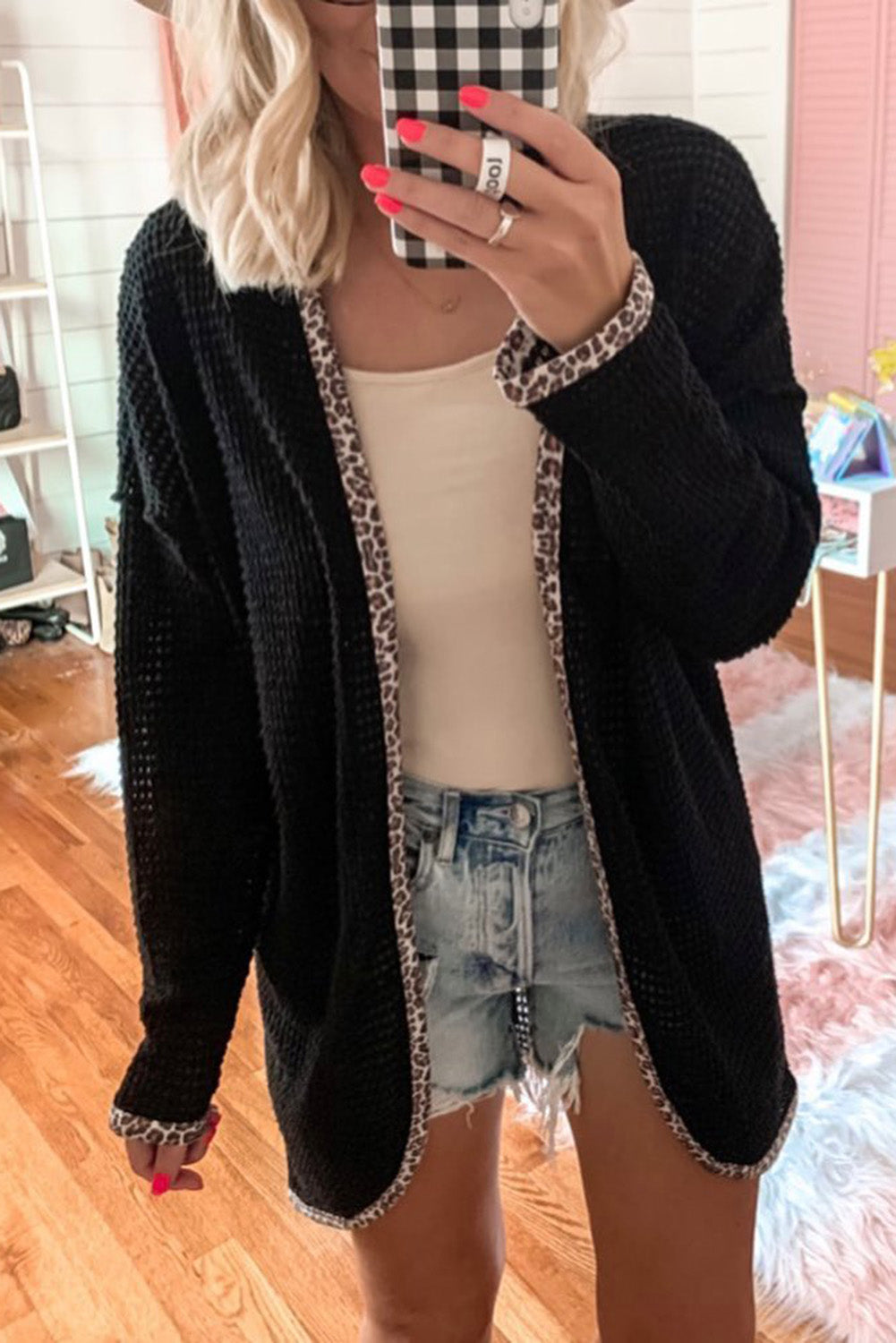 Street-wave Leopard Trim Cardigan For Women Chic Open Knit Layering Versatile Essential Wardrobe Staple