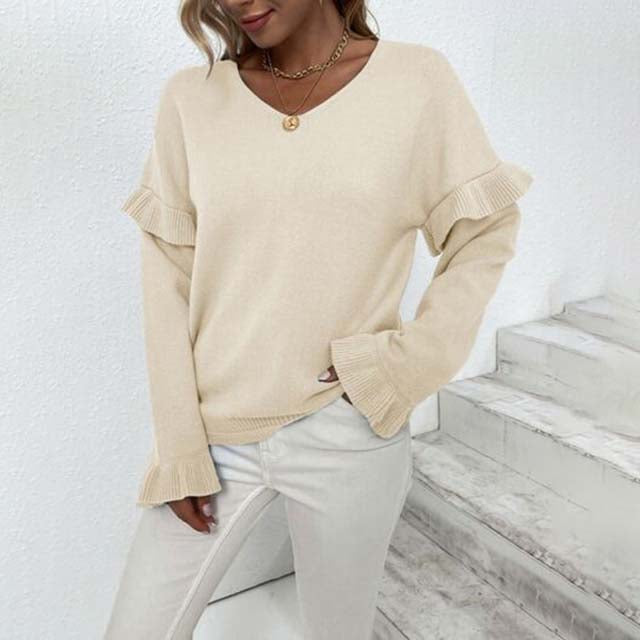 Street-wave Knit Sweater For Cold Days With V-Neck And Tulip Sleeves All-Season Comfort Women