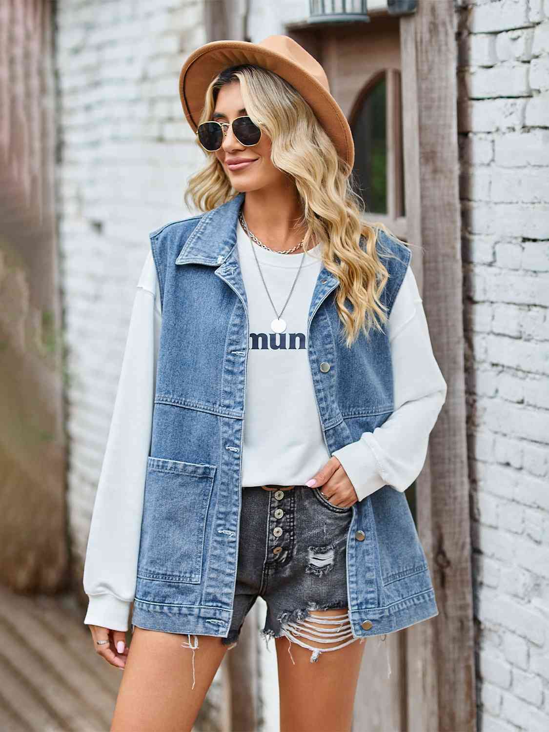 Street Wave Sleeveless Denim Jacket Button Front For Women Classic Casual Layering