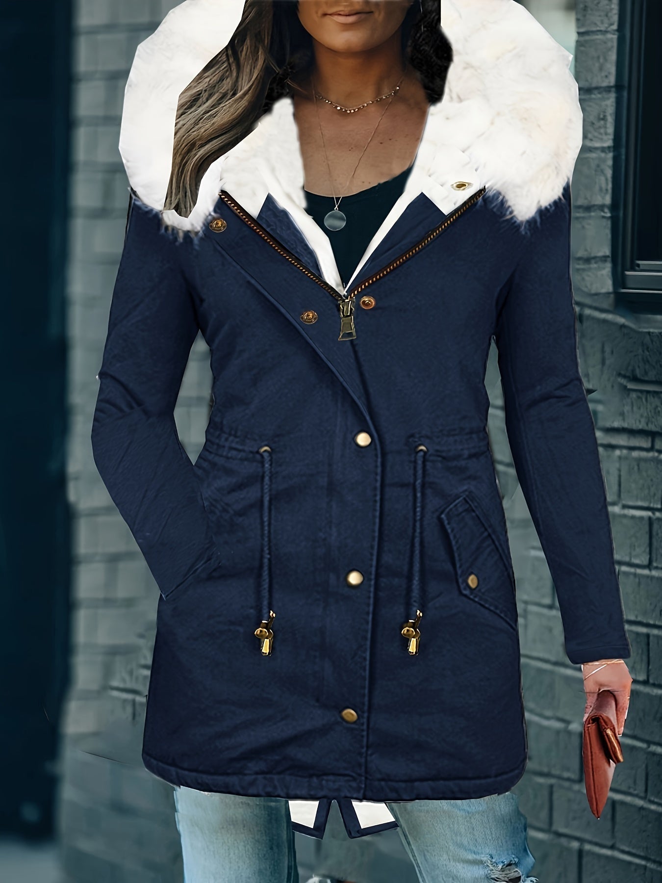 Street-wave Parka Coat With Faux Fur Hood Drawstring Waist For Women Warm Cozy Comfort