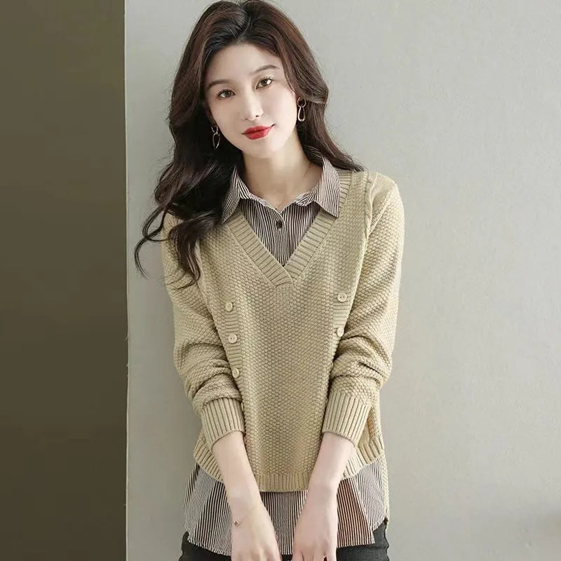 Street-Wave Women's Two Piece Knit Sweater With Collar For Elegant Layered Look Everyday Wear