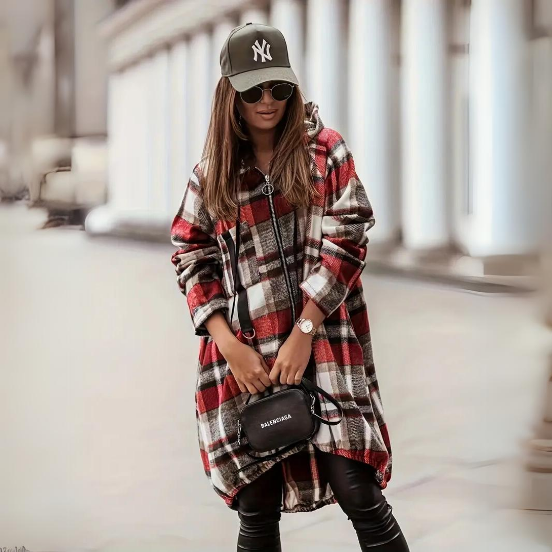Street-Wave Plaid Cardigan for Women With Zip Front Cozy Plush Knit Timeless Checkered Style