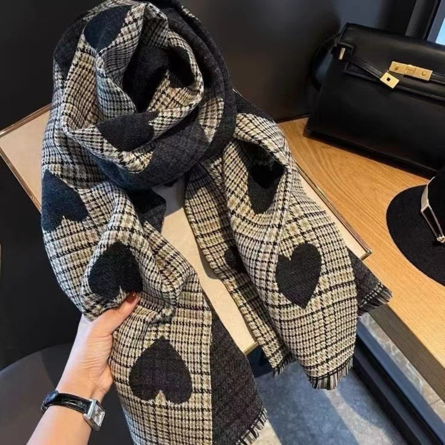 Women's Warm Plaid Scarf with Double-Sided Design and Tassels