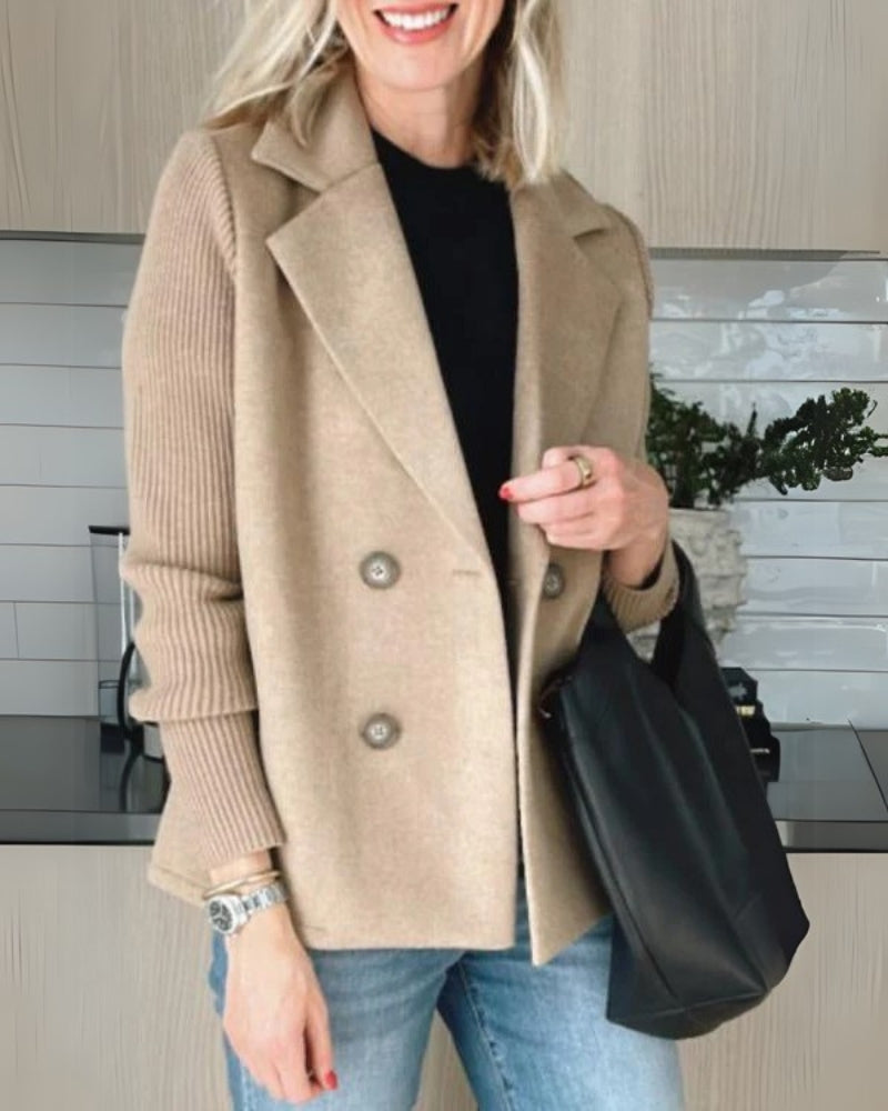 Street Wave Beige Double Breasted Blazer With Knit Sleeves For Casual Chic Women