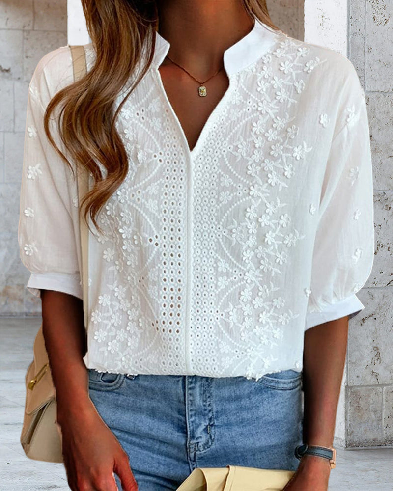 Street-wave Embroidered V-Neck Blouse For Women With Delicate Floral Embroidery