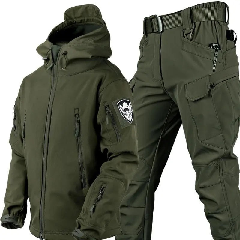 Men's Two Piece Outdoor Suit With Windproof Softshell Jacket And Pants Adjustable Fit And Utility Pockets