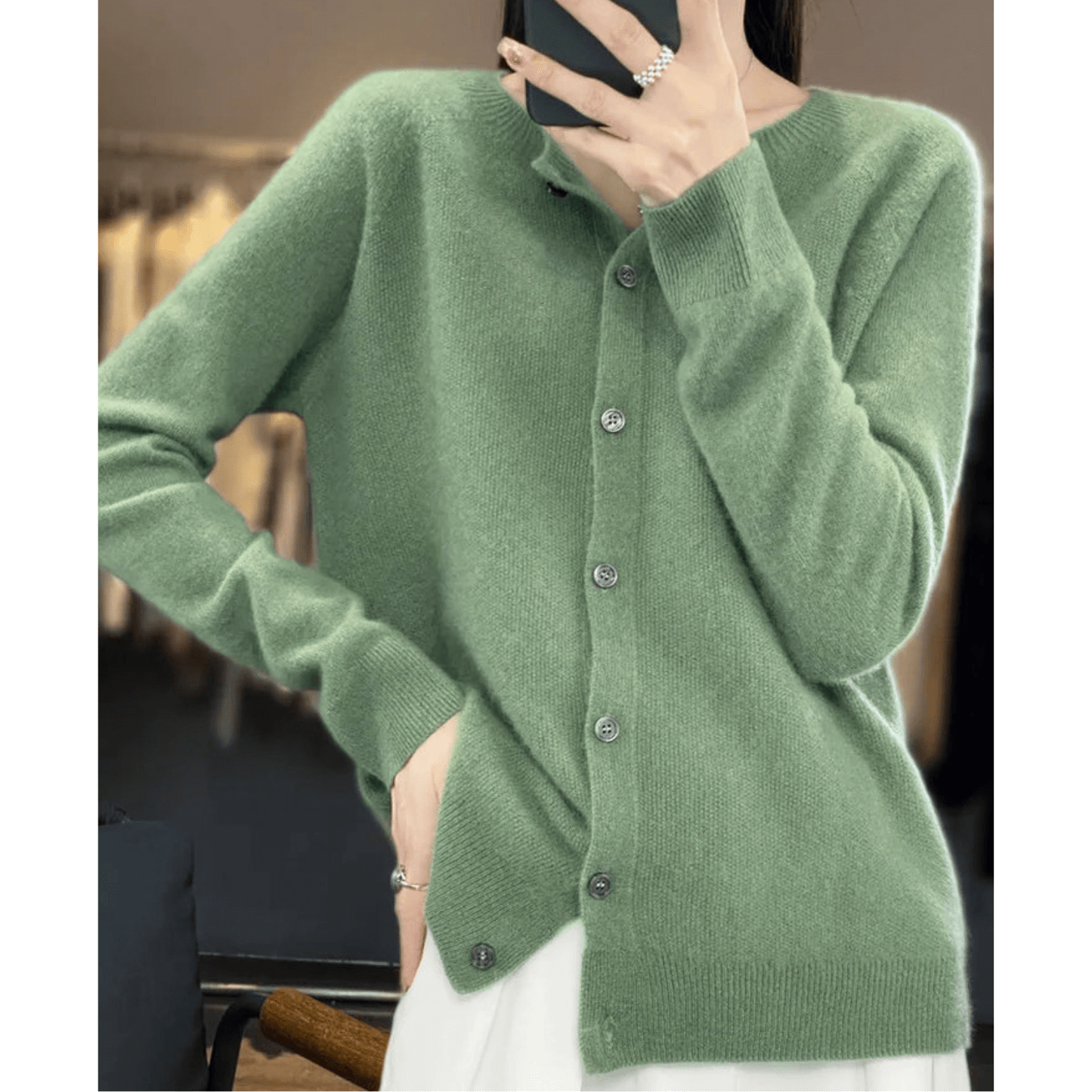 Street-Wave Womens Fine Knit Cardigan Crew Neck Soft CashmereFeel Merino Wool Blend Cozy Warm Essential