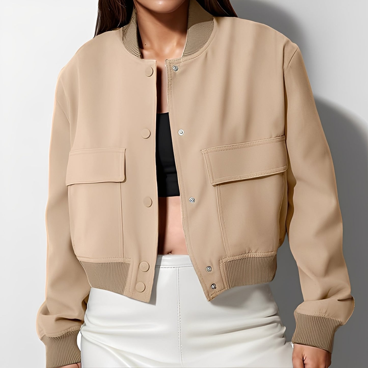 Street-Wave Womens Casual Bomber Jacket With Large Front Pockets Stand Collar Everyday Comfort