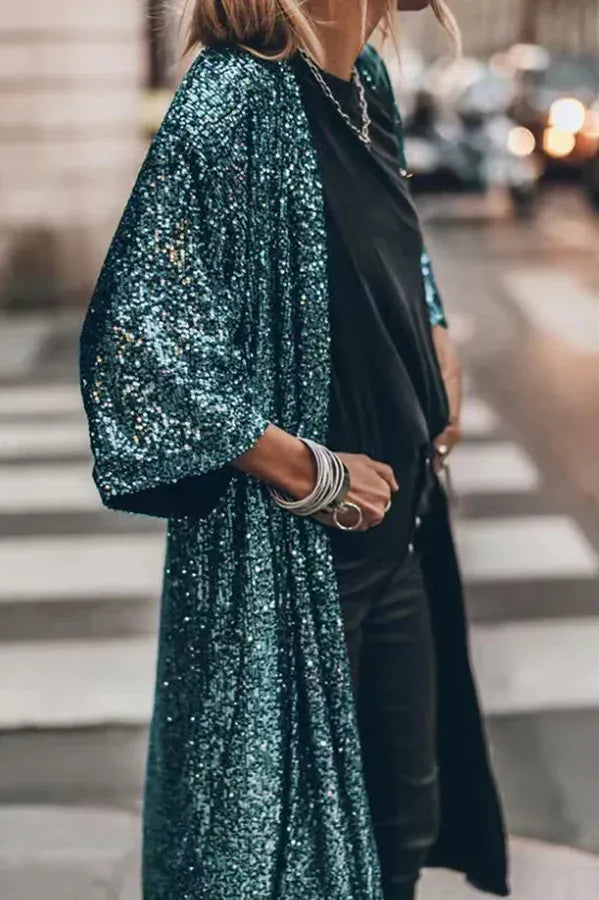Street Wave Sequin Kimono For Party Lovers Reflective Shine And Glittering Bell Sleeves