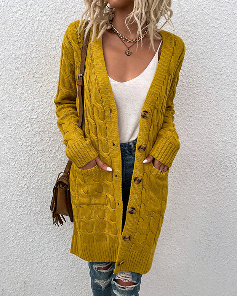 Street-Wave Cable Knit Cardigan For Women Cozy Longline Autumn Sweater With Pockets And Button Closure