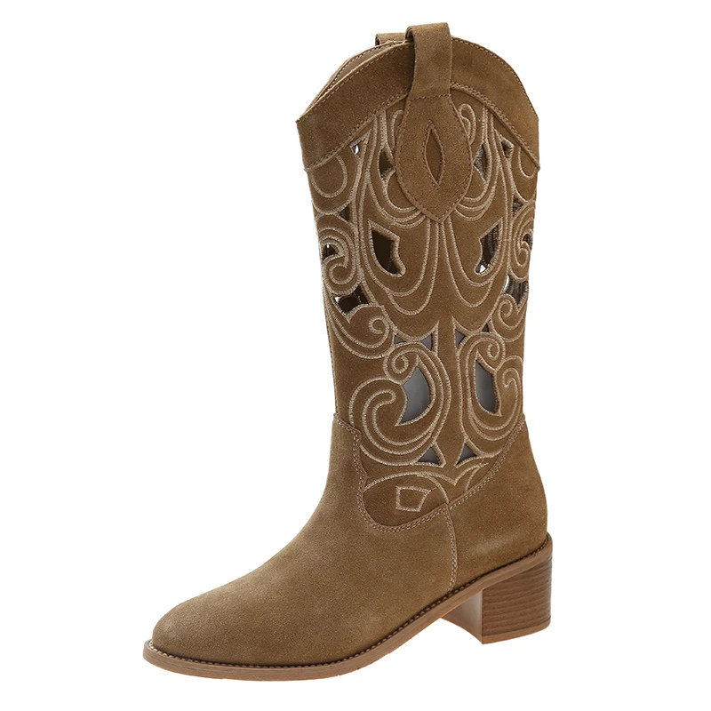 Street-Wave Suede Cutout Western Cowboy Boots For Women Chic Comfortable Fashion-Forward