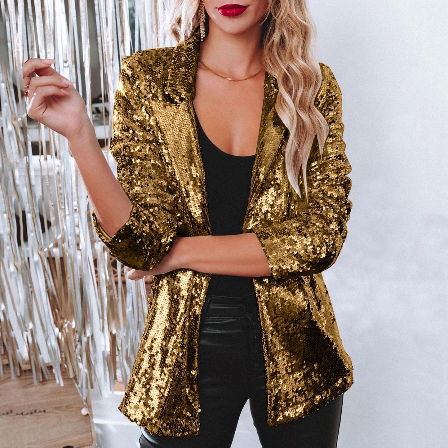 Street-wave Sequin Blazer for Women Sparkling Silver Glitter Shine Party Ready for Events