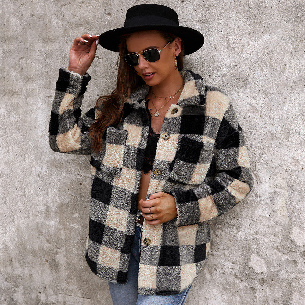 Street-wave Plaid Sweater Coat With Plush Faux Fur For Bold Fashion Lovers Women