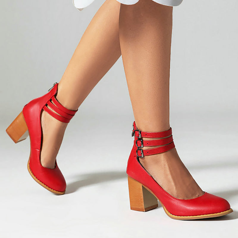 Women's Smooth Sandals with Ankle Strap and Thick Heel