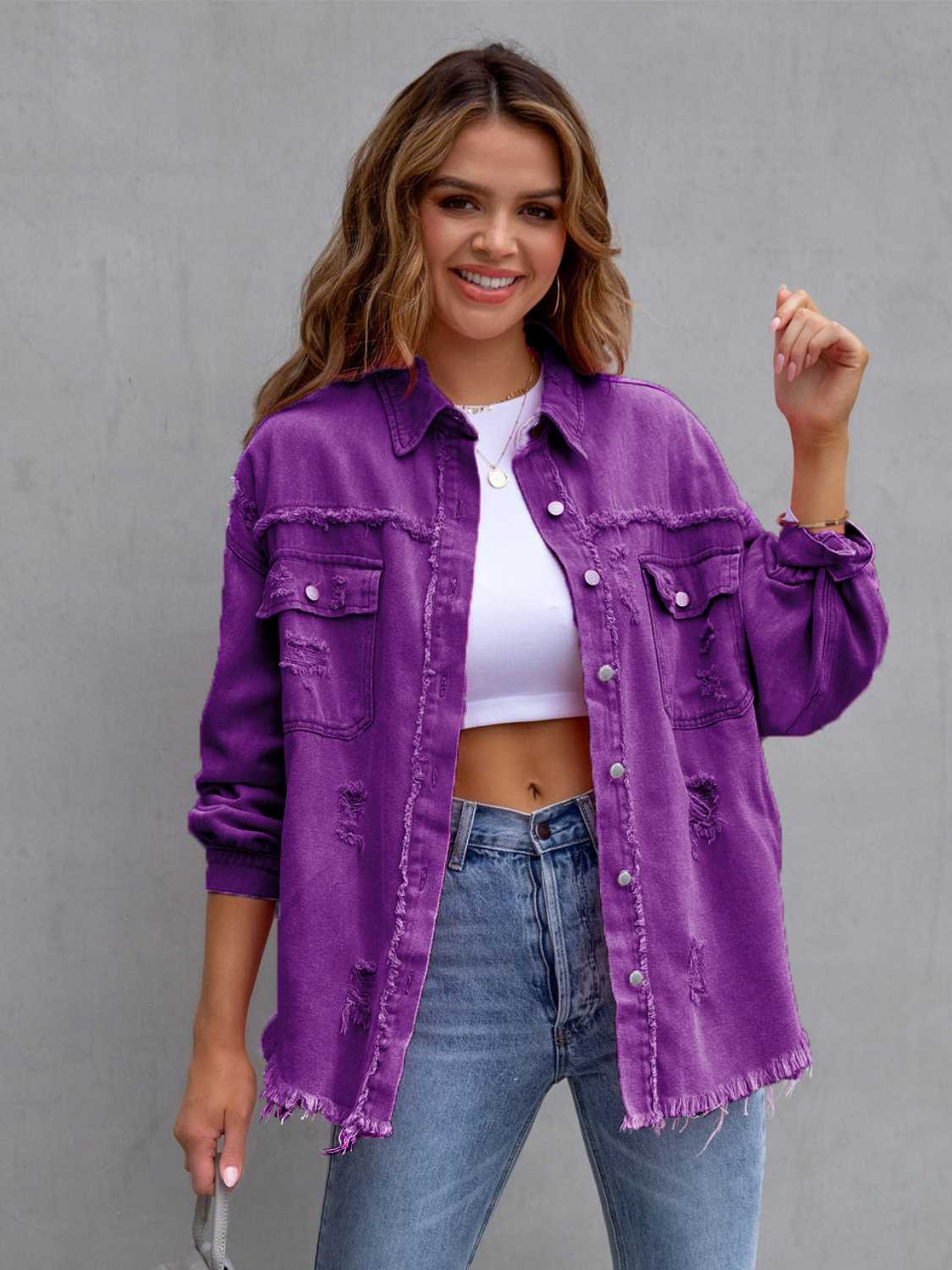 Street Wave Pink Distressed Denim Jacket For Women With Drop Shoulder And Frayed Hem
