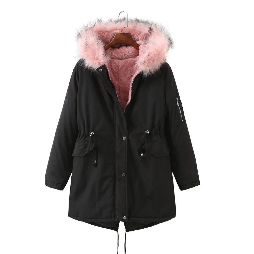 Street Wave Winter Coat With Fleece Lining And Pink Fur Trim Hood For Women Warm And Cozy