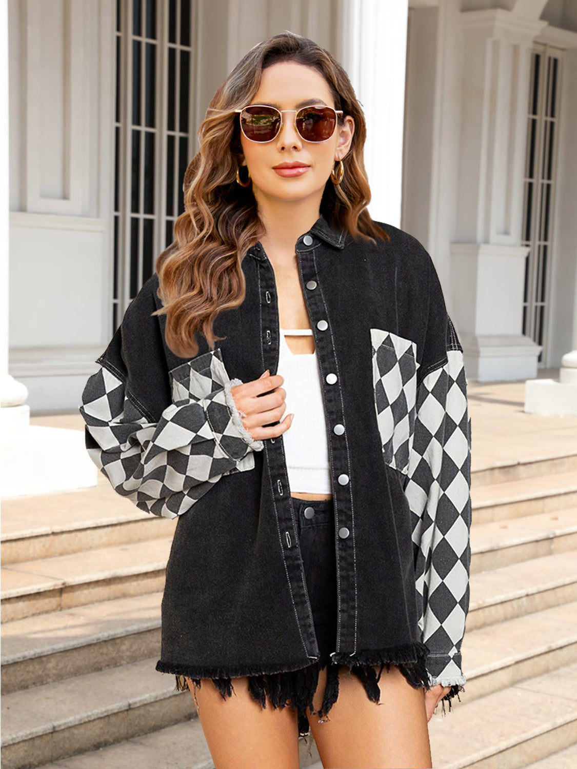 Street-Wave Geometric Raw Hem Denim Jacket With Checker Sleeve Panels For Streetwear Fans