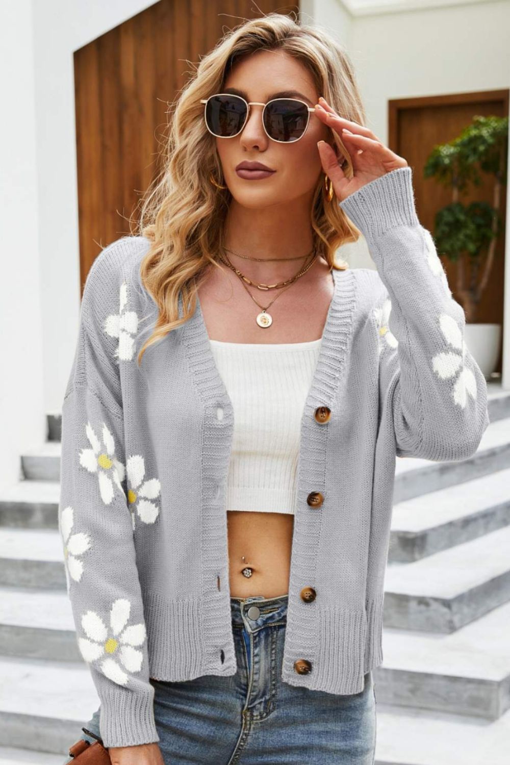 Street-Wave Floral Ribbed Trim Drop Shoulder Cardigan For Women Soft Acrylic Knit With Floral Sleeves