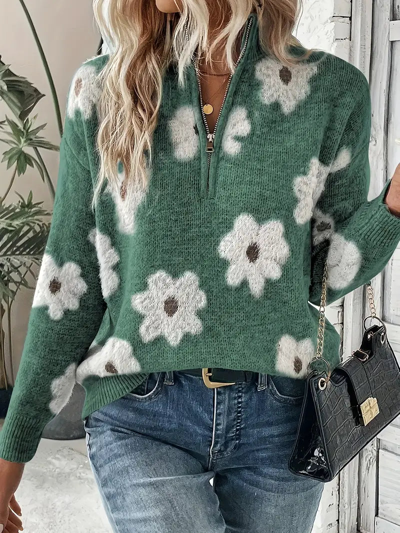 Streetwave Floral Quarter Zip Pullover For Women Soft Warm Knit Top Versatile