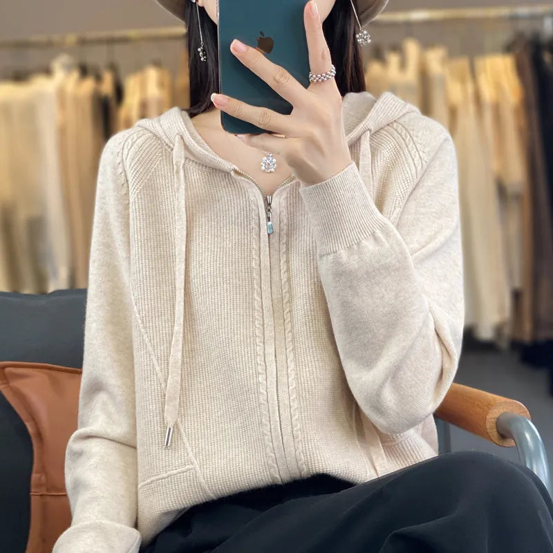 Street Wave Cardigan Cozy Pink Knit Zip Front Warm Hoodie For Women Autumn Winter