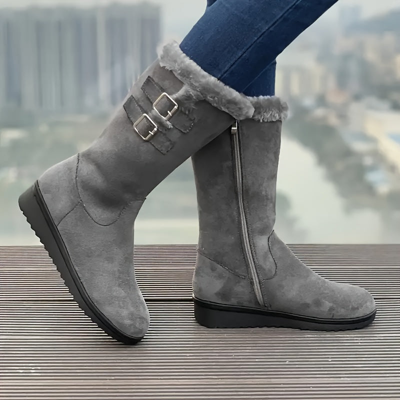 Street Wave Women Suede Mid Calf Snow Boots With Faux Fur Lining Side Zip Warm Winter Fashion Essentials