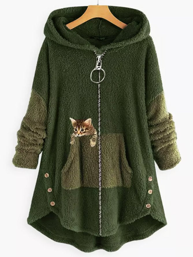 Streetwave Womens Sherpa Coat With Cat Patch Cozy Hooded Fleece Soft Plush Lined Loose Fit