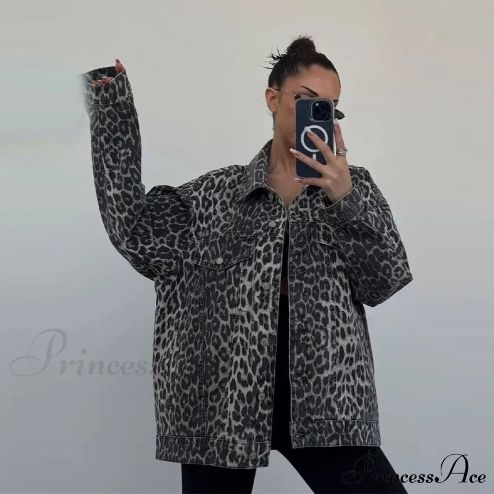 Leopard Print Jeans Jacket Embroidery Streetwave Effortless Style For Women Comfort Fit