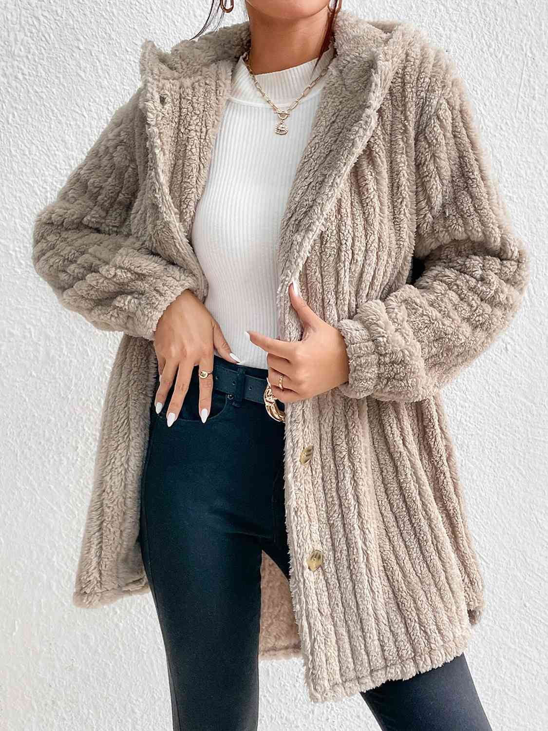 Street-wave Cozy Hooded Teddy Coat For Women Button Down Faux Fur Plush Outerwear