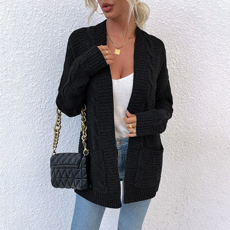 Street Wave Cable Knit Cardigan For Women Open Front With Pockets Cozy Layering Essential