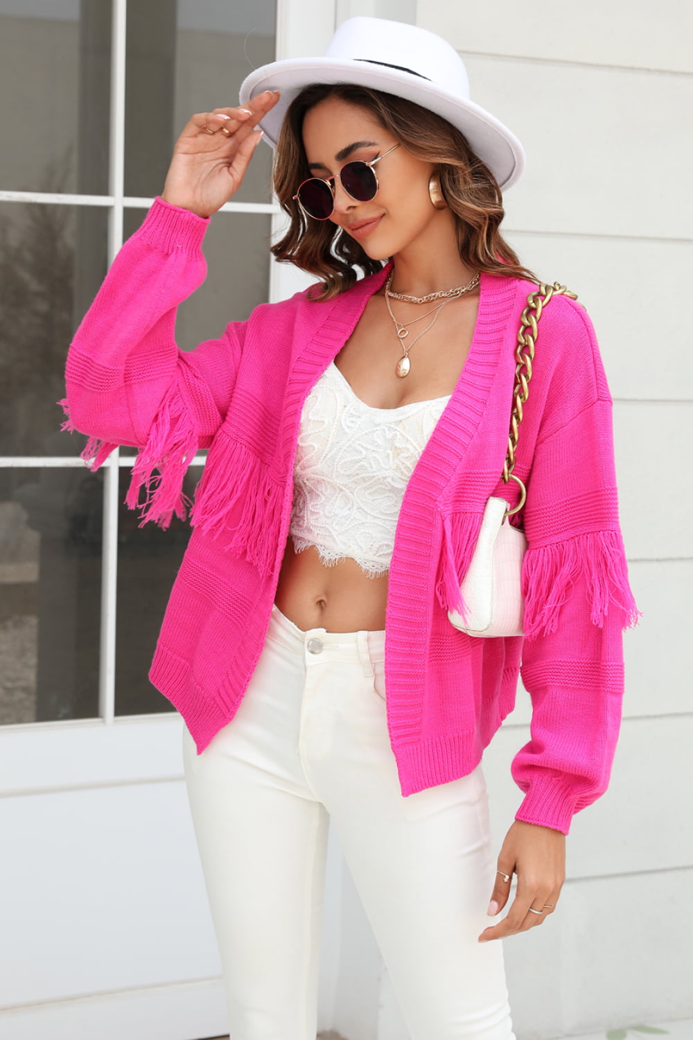 Streetwave Fringed Open Front Cardigan With Fringe Hem Pink For Women Soft Knit Cozy Everyday Chic