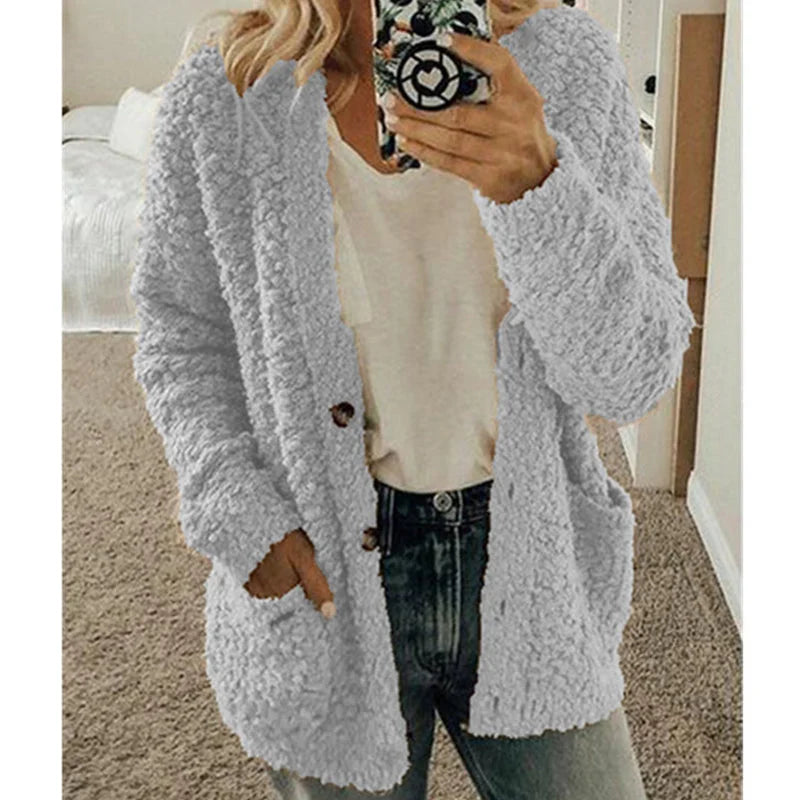 Street-wave Plush Cardigan Coat For Women - Ultra Cozy Warmth With Front Pockets