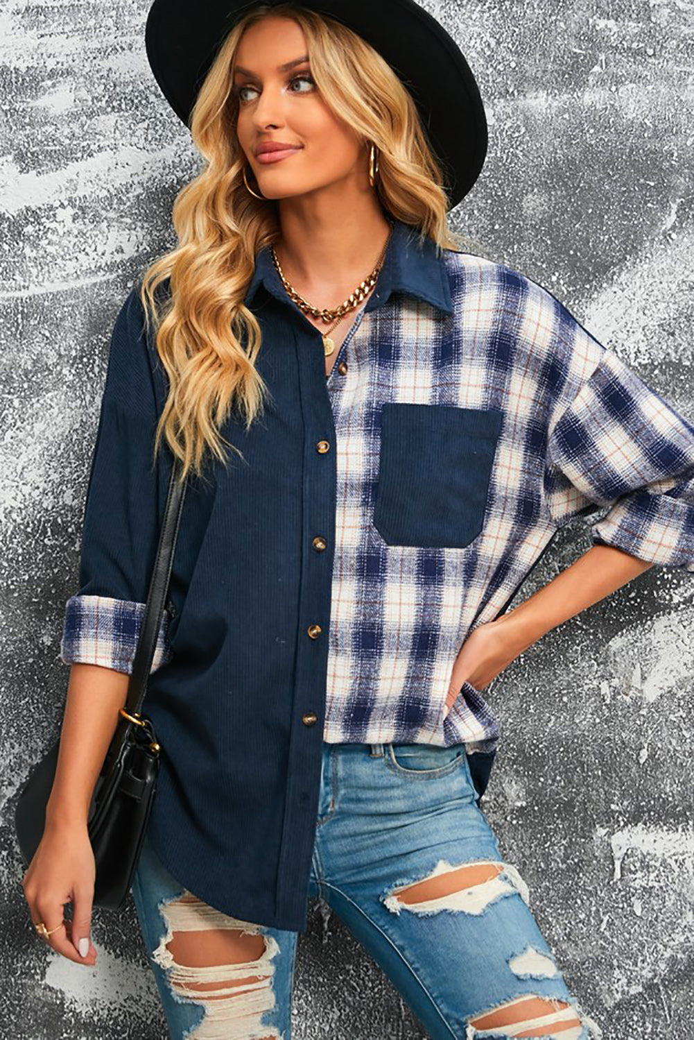 Street Wave Corduroy Shacket For Women Plaid Colorblock Button Front Cozy Casual