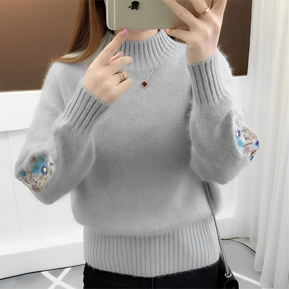 Maureen Knit Pullover With Embroidered Sleeves For Women Oversized Rollneck Warm Soft Knit Streetwave