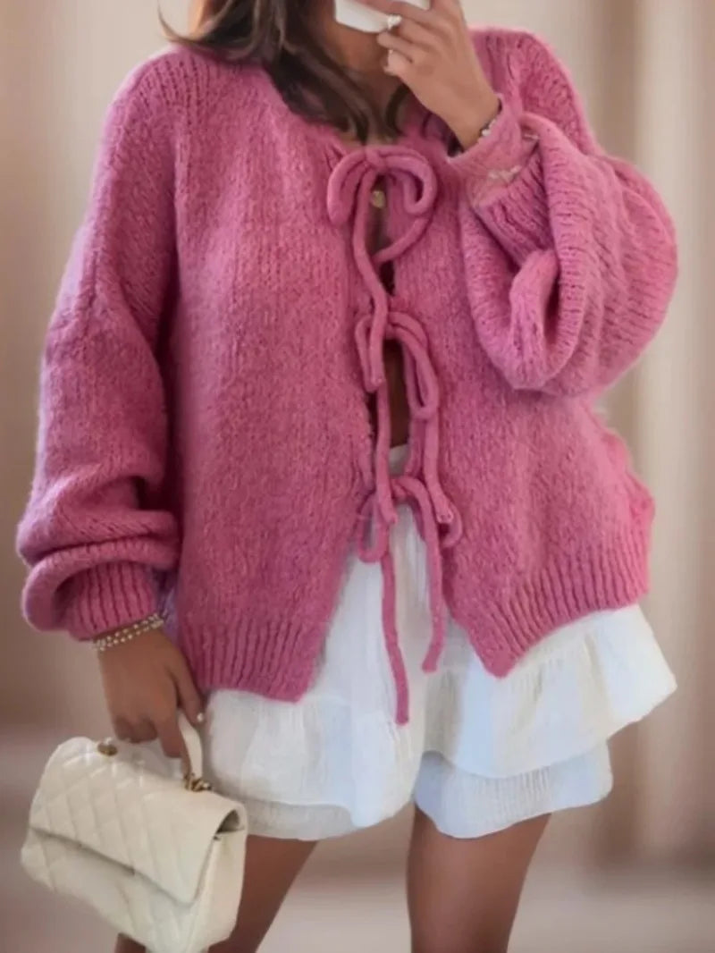 Street-Wave Cozy Knit Cardigan With Tie Front Bow Details For Women Everyday Comfort And Soft Pastel Warmth
