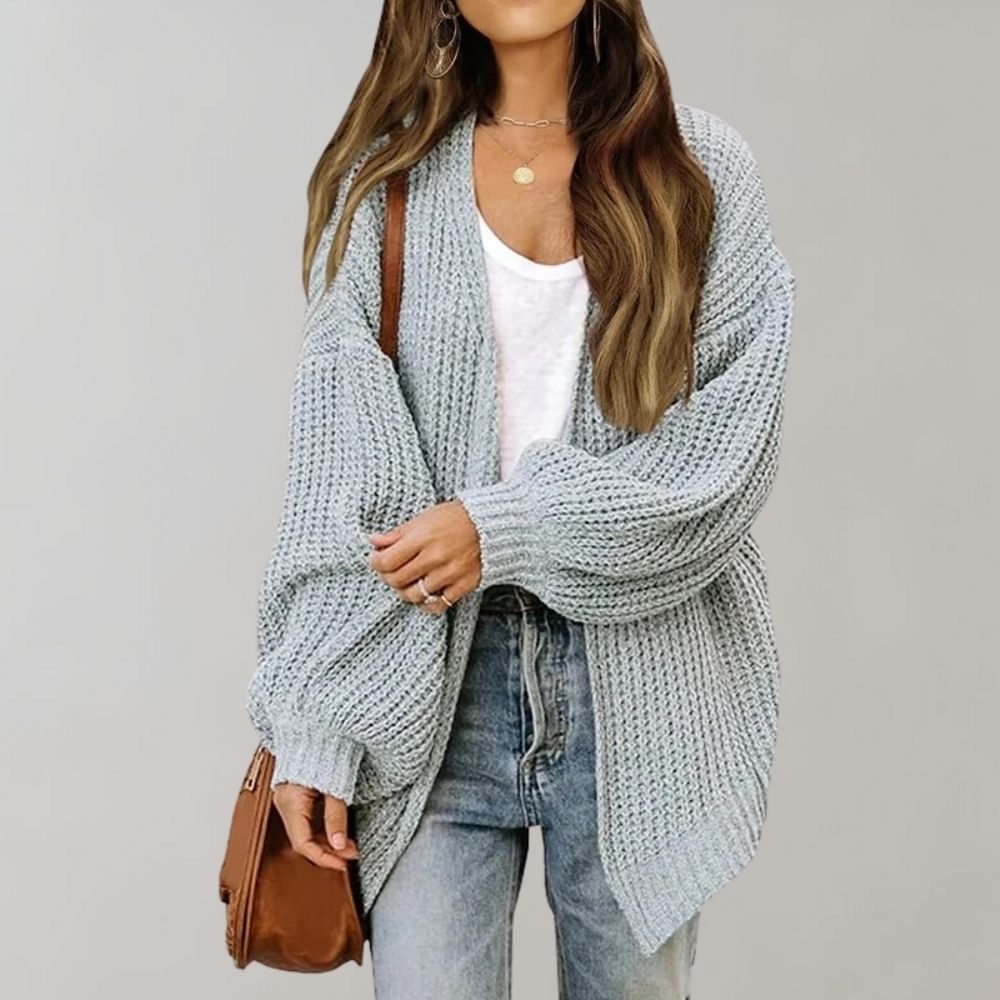 Street-wave Open Knit Cardigan With Bishop Sleeves For Women, Cozy Flowing Silhouette