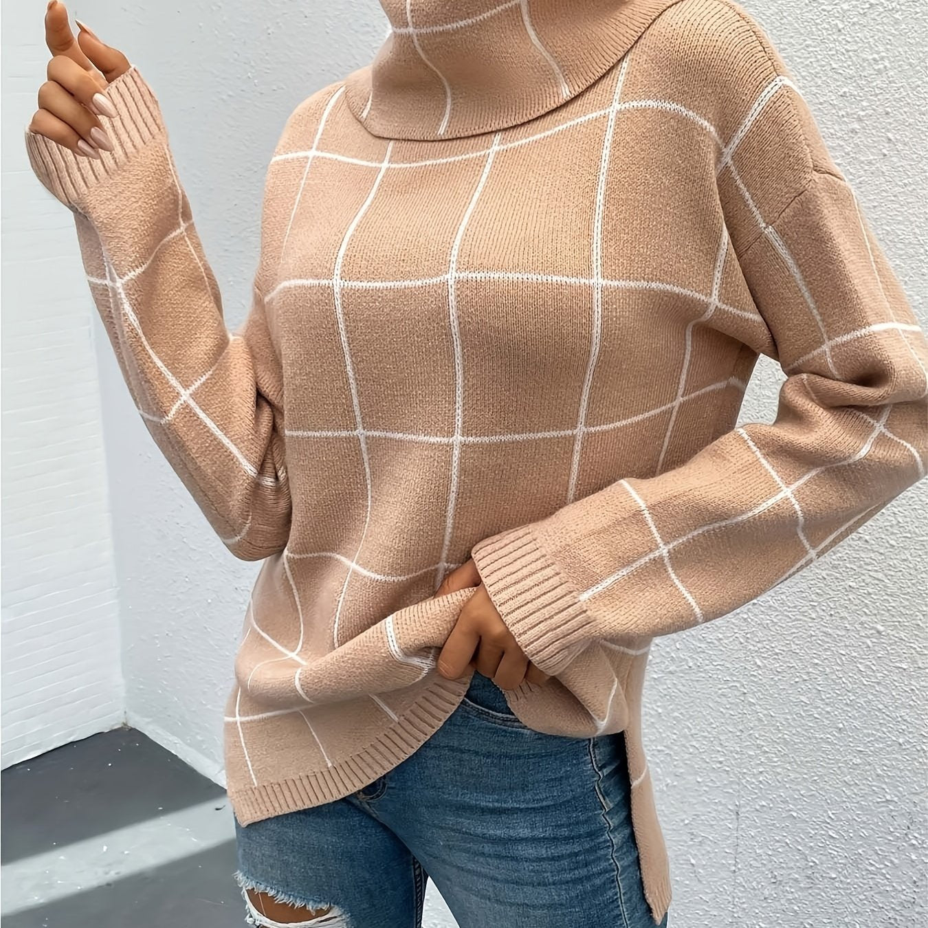 Street-wave Grid Knit Turtleneck Sweater For Women - Effortless Style And Cozy Comfort