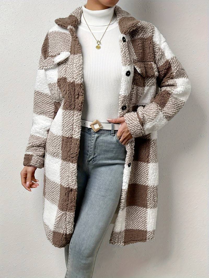 Street Wave Plush Checkered Sherpa Coat For Women Cozy Elegant Longline Outerwear