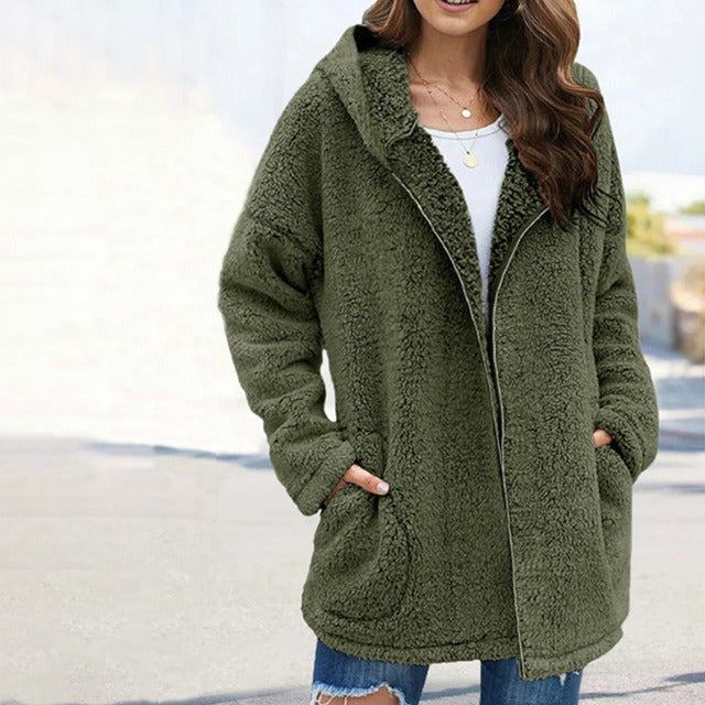 Street-Wave Cozy Hooded Coat With Pockets Cotton Cashmere Blend Warm For Women Winter